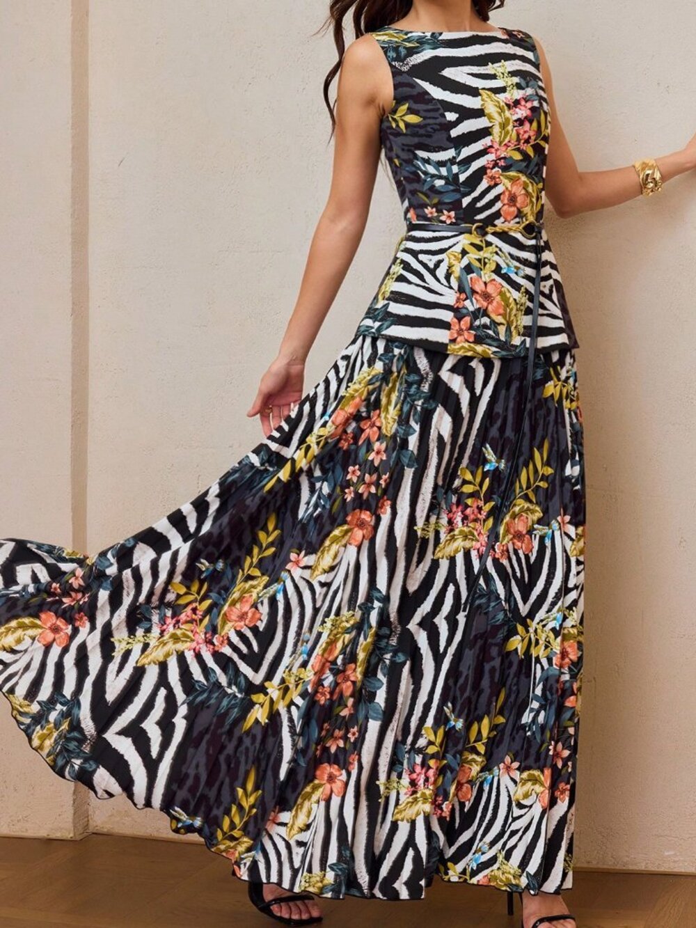 Black Elegant Women's Floral Print Zebra Stripe Dress - Picture 6 of 7